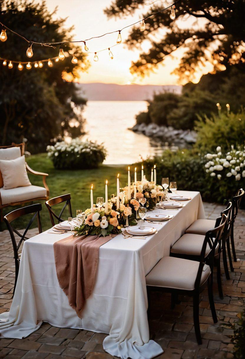 An elegantly set dining table for a romantic outdoor event, adorned with soft candlelight, lush floral arrangements, and cozy textiles. Include couples enjoying intimate conversations, draped in warm, soft lighting. A backdrop of a serene sunset enhances the intimate atmosphere. soft focus. warm tones. romantic ambiance.