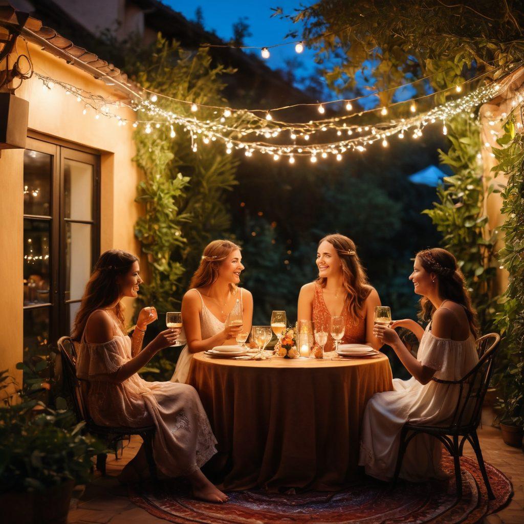 A cozy and intimate gathering scene, featuring dim candlelight casting a warm glow over a circle of friends enjoying drinks and laughter. Delicate fairy lights intertwined with lush greenery create an enchanting atmosphere. Include elegantly set tables adorned with soft fabrics and rich colors, evoking a sense of romance. Add silhouettes of couples engaged in deep conversation, reflecting passion and connection. bohemian style. warm colors. soft focus.